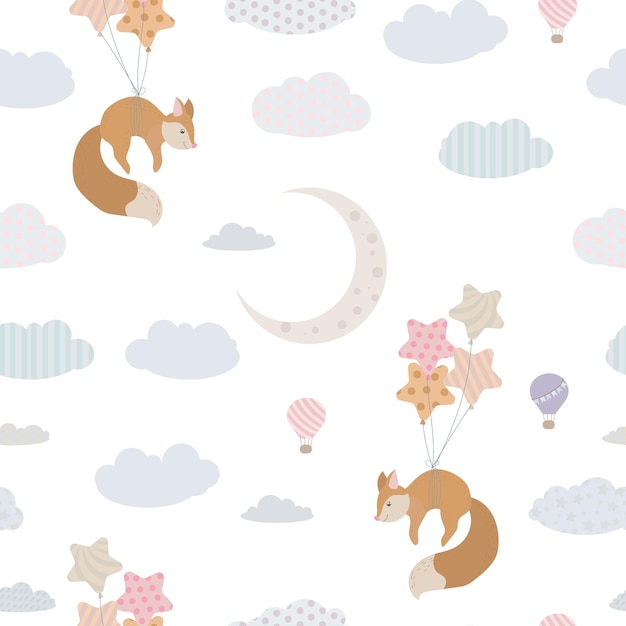 Impresión infantil sin costuras Animales lindos entre las nubes Patrón de nubes y globos en el cielo Tonos pastel Ilustración vectorial