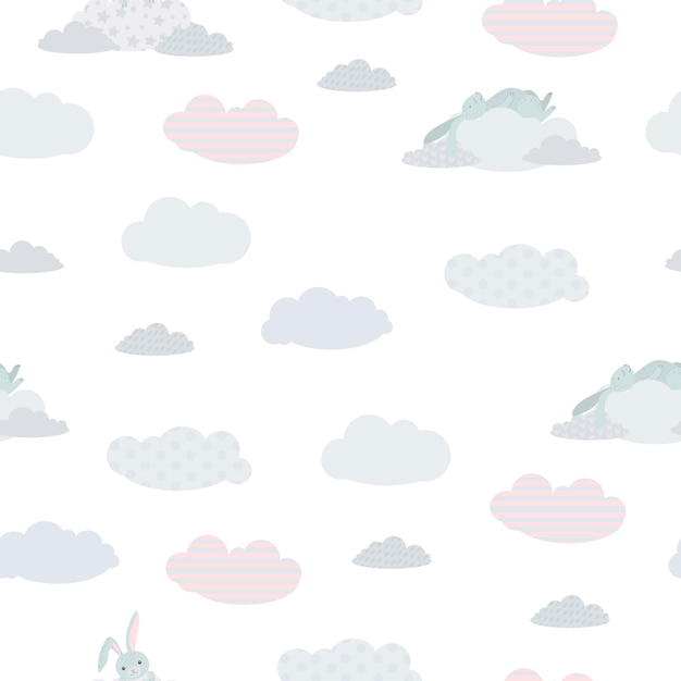 Impresión infantil sin costuras Animales lindos entre las nubes Patrón de nubes y globos en el cielo Tonos pastel Ilustración vectorial