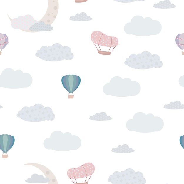 Impresión infantil sin costuras Patrón de nubes y globos en el cielo Tonos pastel Derezhables y globos con una cesta de viaje Ilustración vectorial