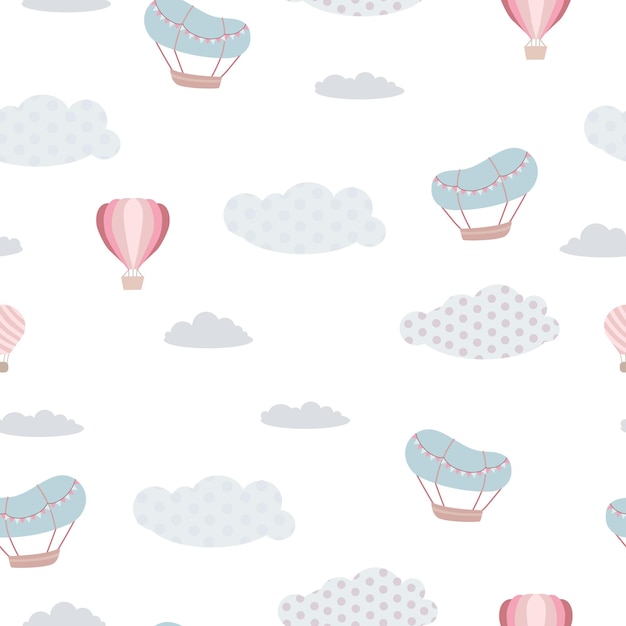 Impresión infantil sin costuras Patrón de nubes y globos en el cielo Tonos pastel Derezhables y globos con una cesta de viaje Ilustración vectorial