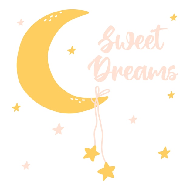 Impresión infantil dulces sueños tarjeta de buenas noches lindo cartel de bebé con luna y estrellas ilustración vectorial en estilo de dibujos animados dibujados a mano