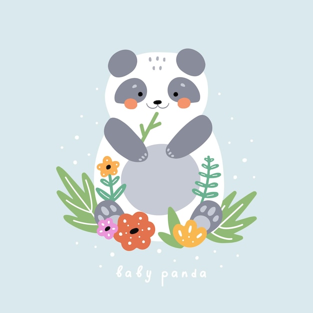 Impresión infantil panda bebé Ilustración vectorial dibujada a mano para póster Lindo cachorro de panda en flores
