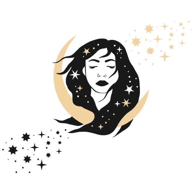 Impresión mágica esotérica boho de astrología celestial de luna de mujer - tatuaje de estrella espiritual. ilustración vectorial