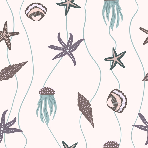 Impresión marina conchas perlas de arena vieiras naturaleza costera patrón sin costuras olas del océano mundo submarino ilustración vectorial colores pastel