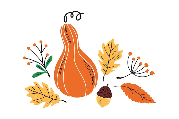Impresión de otoño vectorial con elementos botánicos dibujados a mano Ilustración de otoño con plantas