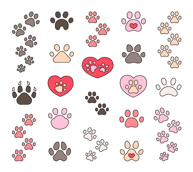 Impresión de patas de perro o gato Huellas de animales Estilo dibujado a mano Dibujo vectorial