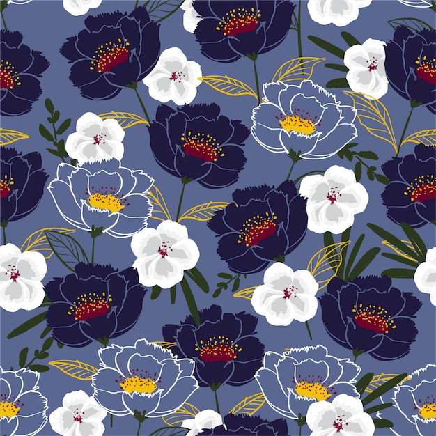 Impresión de patrones sin fisuras con flores blancas y moradas. Ilustración dibujada a mano