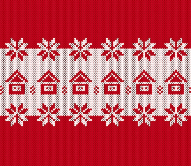 Impresión de punto roja y blanca con casas de Navidad patrón de punto Xmas textura geométrica sin costuras