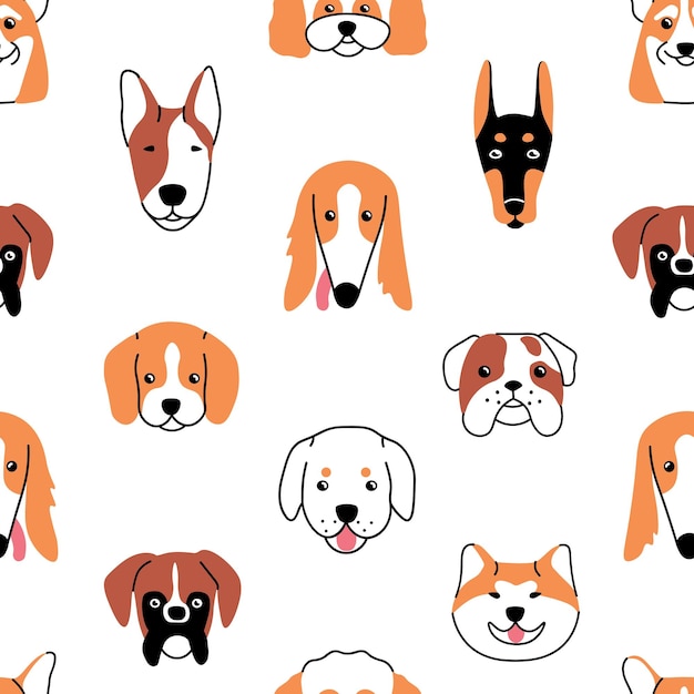 Vector impresión repetible de hocicos de cachorros retratos de mascotas felices patrón interminable de hocico de cachorro diferentes razas de perros corgi akita inu bulldog animales lindos avatares lineal ilustración vectorial sin costuras plana