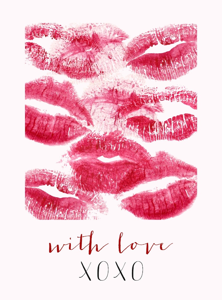 Vector impresión romántica con labios y texto. impresión de lápiz labial realista aislada en blanco. postal moderna