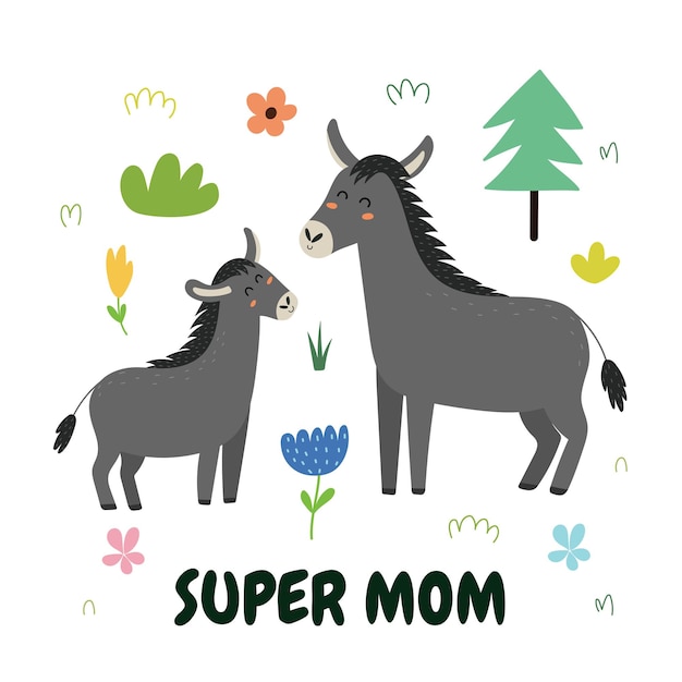 Impresión de super mom con una linda madre burra y su potro tarjeta de familia de animales divertidos