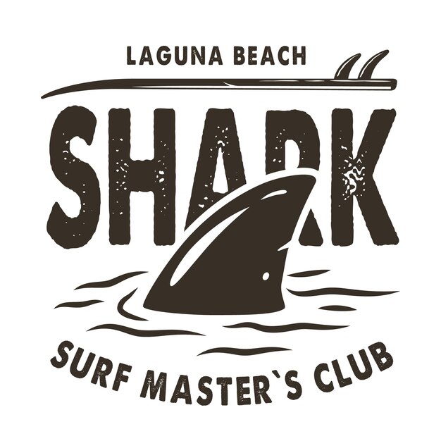 Impresión de surf de color de aleta de tiburón y tabla de surf en las olas. Diseño de camiseta de verano de hawaii de ilustración vectorial