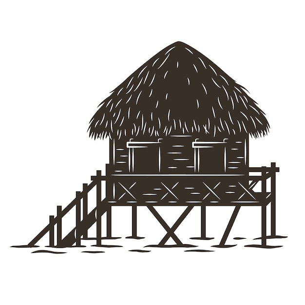 Impresión de surf color de bungalow de pie en la ola. Diseño de camiseta de verano de hawaii de ilustración vectorial