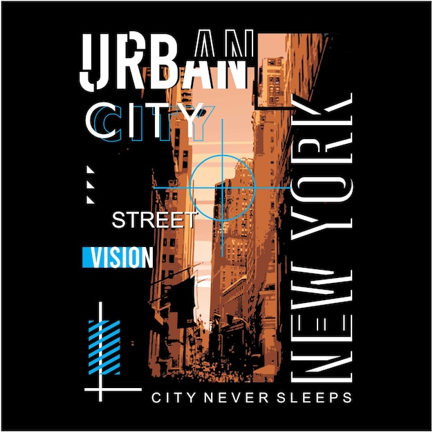 Impresión de tipografía urbana de la ciudad de nueva york con gráfico de ilustración de edificio de la ciudad de camisetas