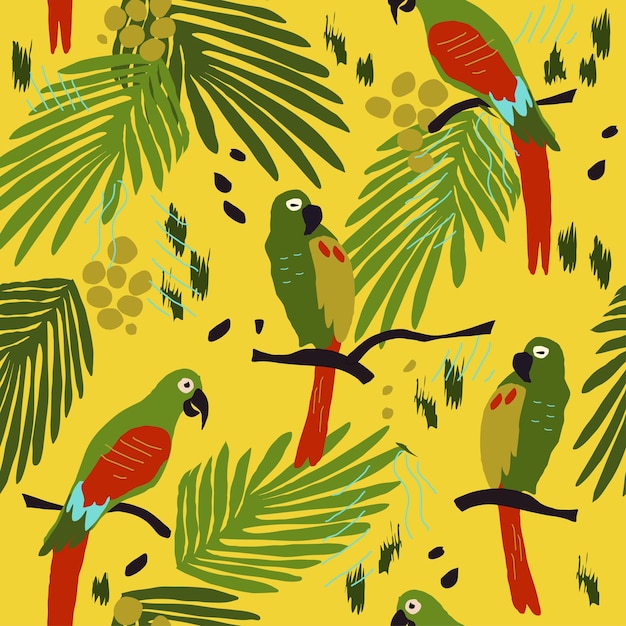 Impresión tropical brillante hojas de palma loro Fondo de moda abstracto Patrón sin costuras Dibujado a mano