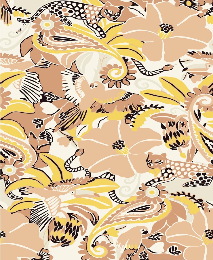 Impresión tropical de flores y animales en un estilo vintage