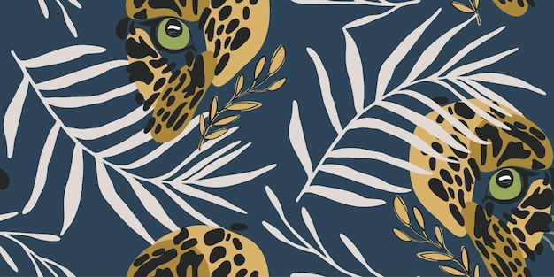 Impresión vectorial de animales leopardo sin costuras y elementos tropicales diseño de patrones para telas y textiles