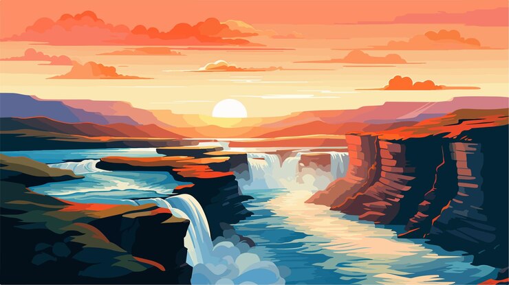 Vector impresionante amanecer en la cascada de gullfoss en el río hvita