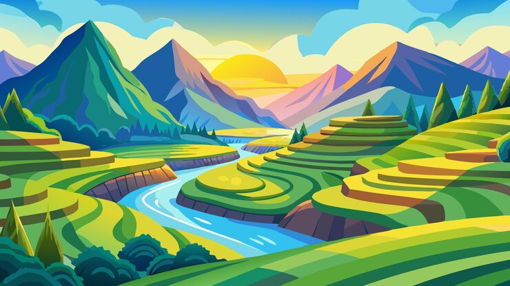 Impresionante amanecer sobre las exuberantes terrazas verdes de arroz y las majestuosas montañas