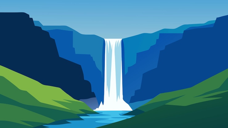 Vector impresionante cascada islandesa que cae en cascada por acantilados rocosos rodeada de exuberante vegetación y un cielo azul claro por encima de la ilustración vectorial plana