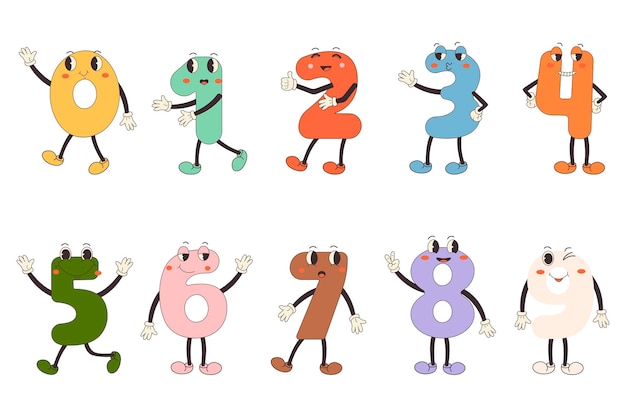 Impresionante conjunto de números dibujado a mano divertidos personajes de dibujos animados retro vintage de moda Doodle.