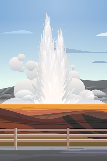 impresionante erupción de vapor de agua caliente de géiser activo que sale de la fuente de energía subterránea ilustración vectorial vertical al aire libre