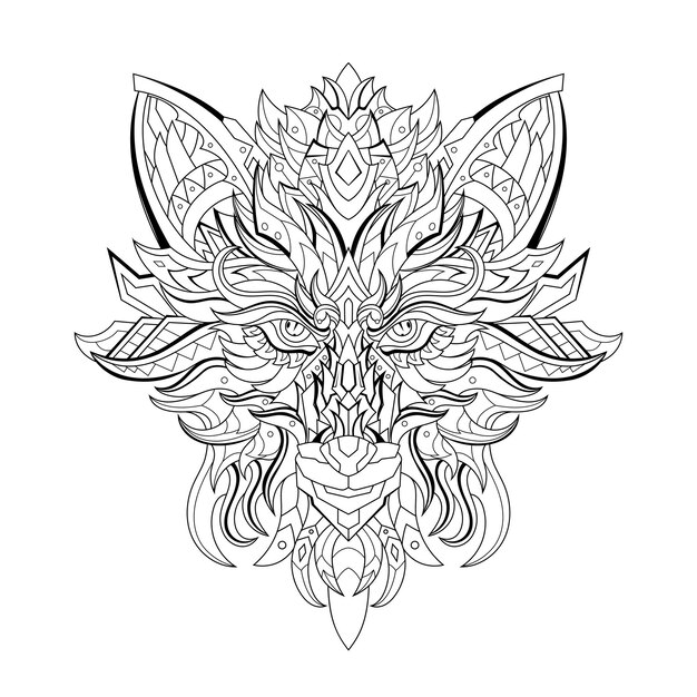 Impresionante ilustración de la cabeza del lobo con tatuajes geométricos estilo arte zentangle