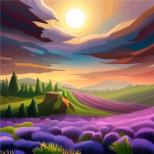 Impresionante paisaje con campo de lavanda al atardecer ilustración vectorial de la naturaleza