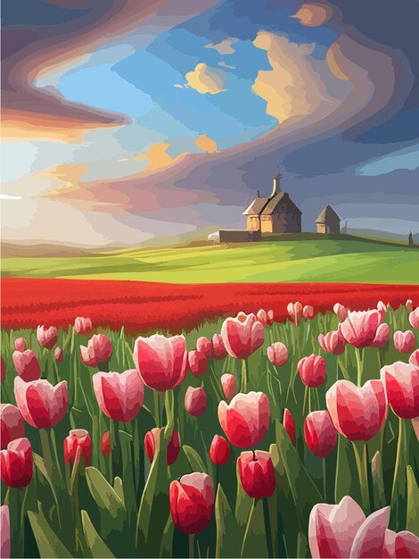 Vector impresionante paisaje hermoso campo rojos tulipanes que se extiende hasta el horizonte ilustración vectorial de la primavera