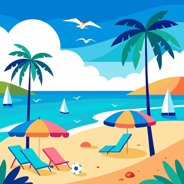 impresionante playa tropical con exuberante hamaca de palma y arte vectorial con vista al océano