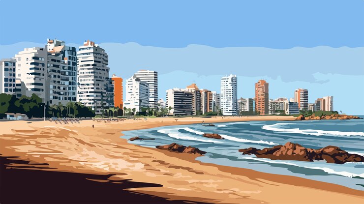 Vector impresionante vista del paisaje urbano de la playa de brava con edificios urbanos