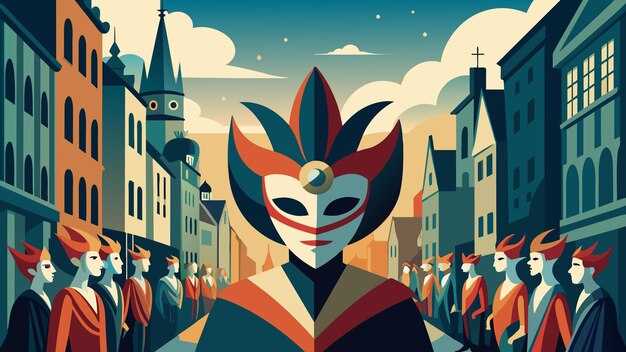 Vector un impresionante visual de un desfile de carnaval enmascarado que serpentea por las calles empedradas de un viejo europeo