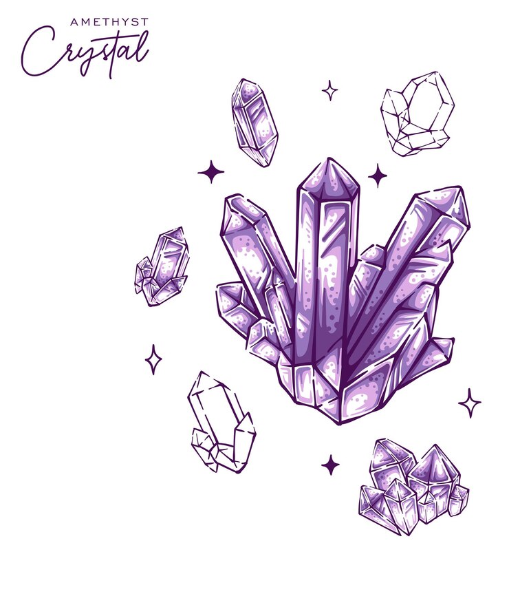 Impresionantes cristales de cuarzo amatista ilustración dibujada a mano vector de piedras preciosas moradas
