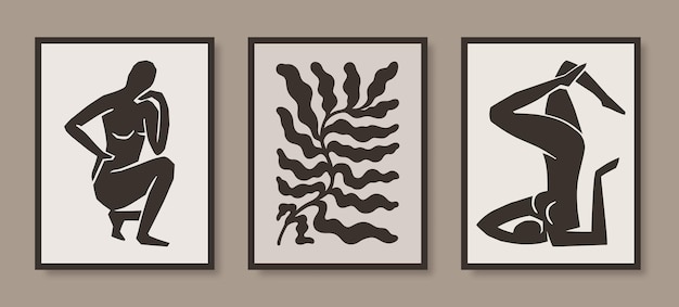 Las impresiones de arte abstracto de Matisse establecen la figura femenina y las hojas florales en un moderno estilo minimalista vecto