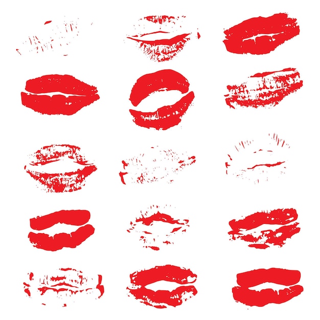 Impresiones de beso de lápiz labial aislado sobre fondo blanco. Ilustración de vector.