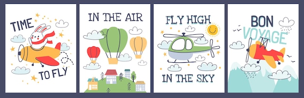 Impresiones de camiseta de bebé de dibujos animados con avión y globos de aire. Lindo piloto animal en avión. Cartel de viaje para niños con conjunto de vectores de transporte de aviones