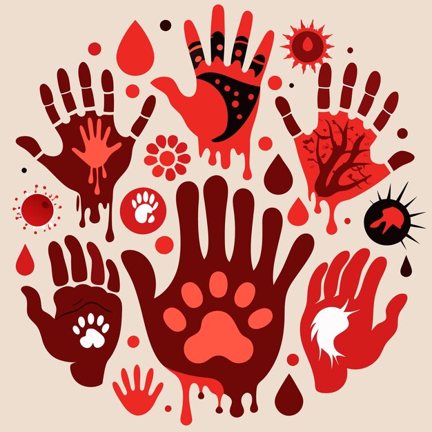 Impresiones coloridas de manos y patas obras de arte vibrantes de manos y pata de animales en tonos rojos y naranjas
