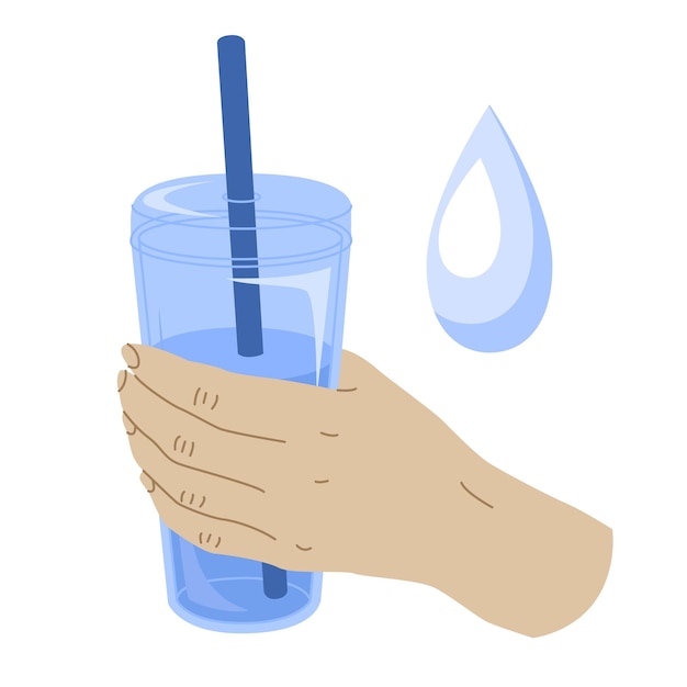 Impresiónuna mano sostiene un vaso de agua un recipiente para bebidas y otros líquidos envases reciclables necesidad diaria de agua ilustración vectorial aislada sobre un fondo transparente