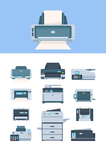 Impresora Inkjet máquinas de oficina e industria terminal pc impresoras planas para imprenta ilustraciones vectoriales llamativas