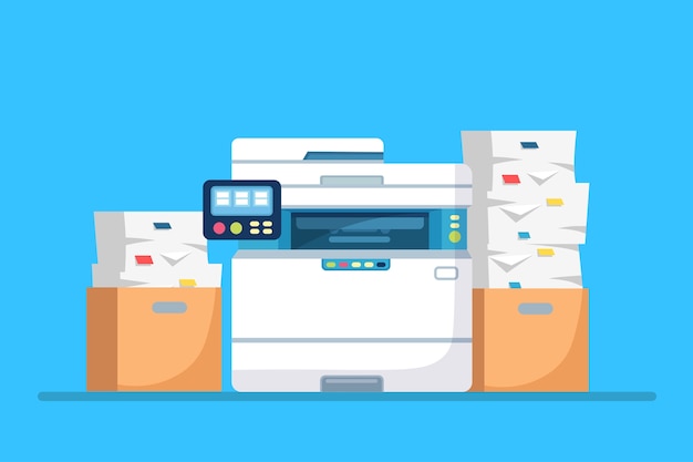 Impresora, máquina de oficina con papel, pila de documentos. Escáner, equipo de copiado. Dispositivo multifunción. Papeleo con cartón, caja de cartón.