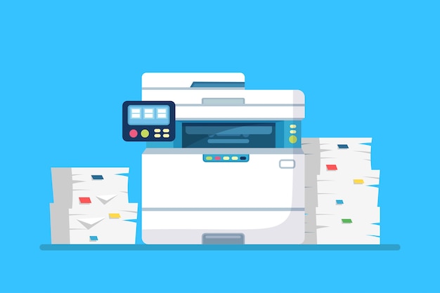 Impresora, máquina de oficina con papel, pila de documentos. Escáner, equipo de copiado.