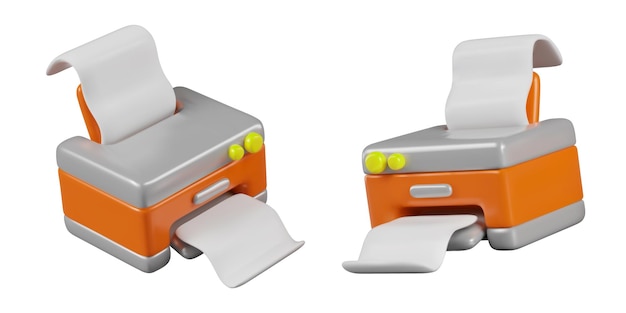Impresora naranja en diferentes posiciones Concepto de impresión en papel