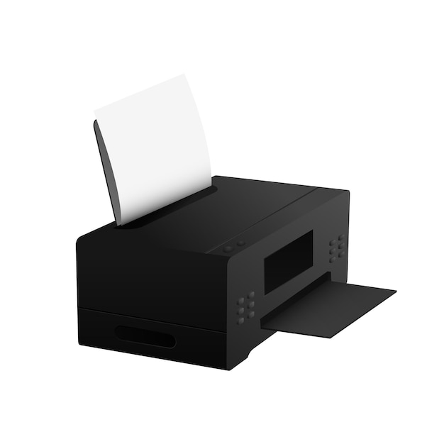 Impresora negra con papel Dispositivo electrónico realista para imprimir texto y fotos
