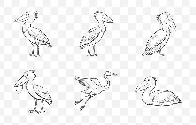 Imprime el conjunto de vectores artísticos completos de Shoebill Line para ilustraciones y diseños