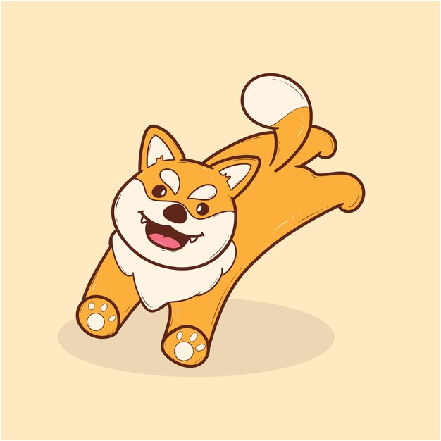 Vector imprime el dibujado animado shiba inu con una expresión lúdica y agitando la cola