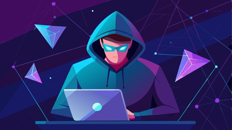 Vector imprime hacker con laptop en la tecnología ilustración vectorial de fondo oscuro en estilo moderno