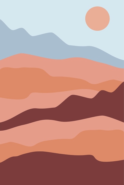 Imprimible abstracto paisaje decoración de la pared cartel montañas árboles imprimible arte de la pared mediados de siglo decoración moderna imprimible arte de la pared sol terracota arte de la pared