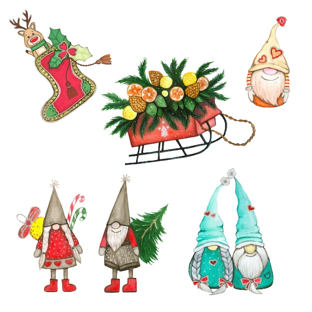 Imprimir,brillantes ilustraciones navideñas, gnomos y árboles de Navidad