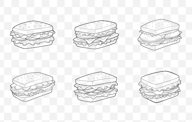 Imprimir el clásico BLT Sandwich Line Art Vector Set con ilustraciones de tocino, lechuga, tomate y comida