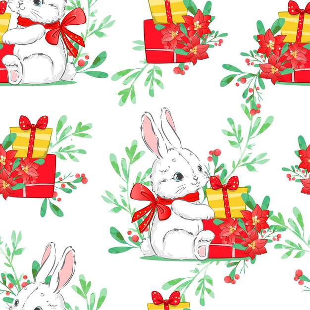 Imprimir Conejo dibujado a mano y regalos Patrón sin costuras de Año Nuevo Ilustración vectorial Diseño festivo Conejito y lazo rojo